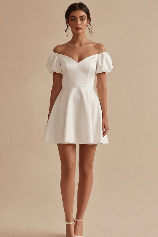 Puff Sleeves Off the Shoulder Short White A Line Beach Wedding Dress
