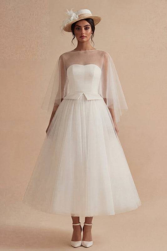 A Line Ilusion Bateau Neck White Maxi Boho Wedding Dress