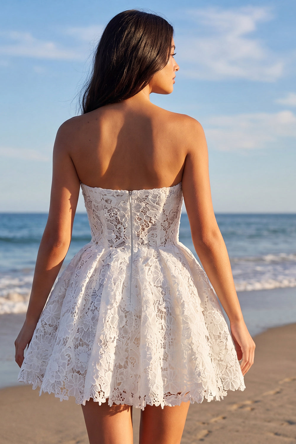 Lace Strapless A Line Floral Short Ivory Boho Wedding Dress
