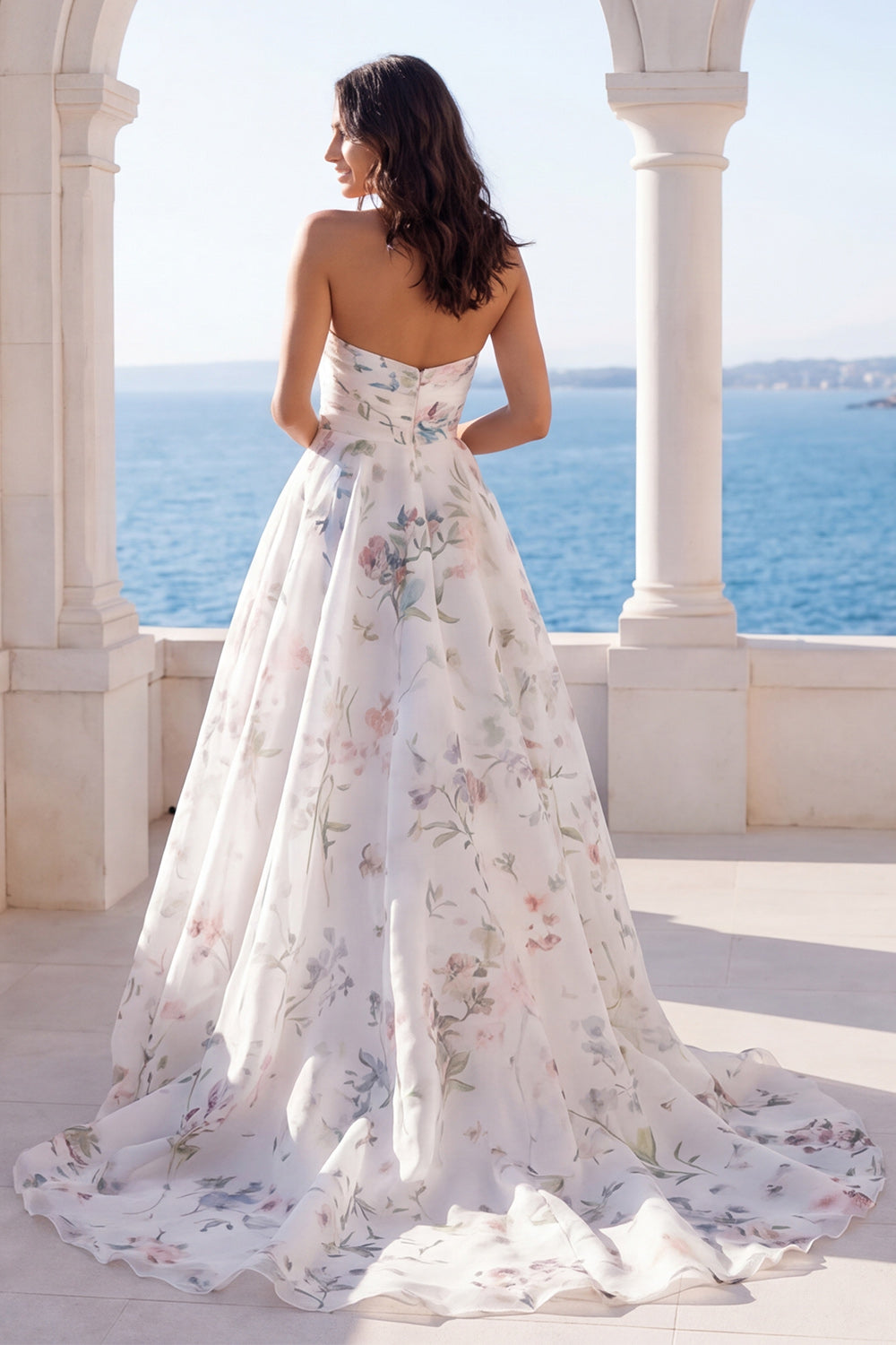 Strapless Ruched Ivory Floral A Line Sweep Train Beach Wedding Dress