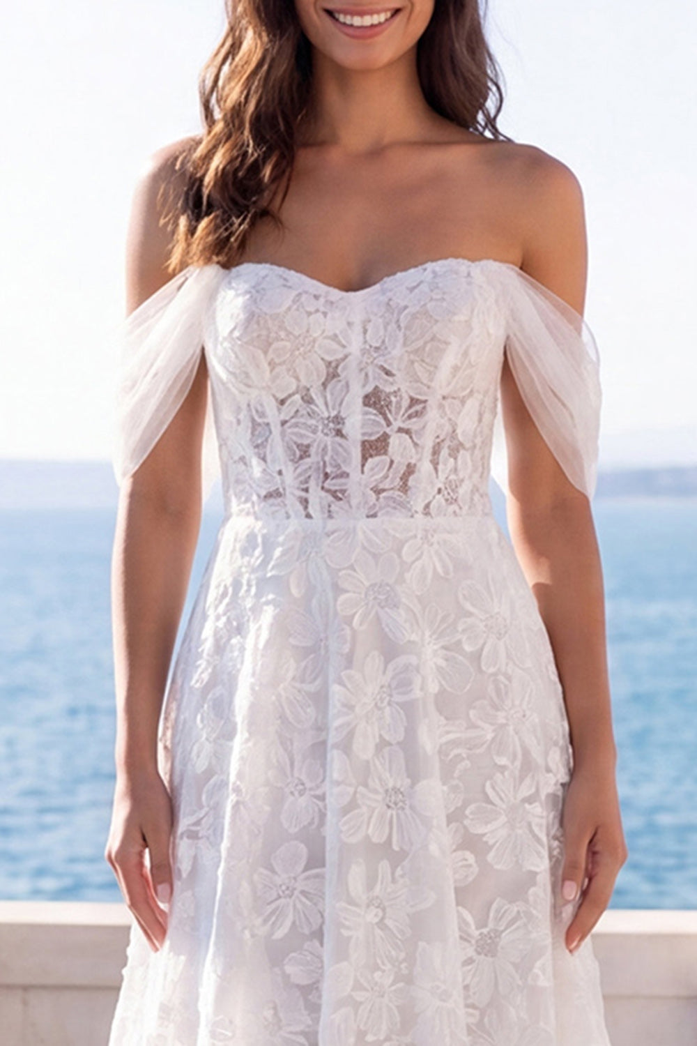 Ivory Off the Shoulder Floral Lace A Line Sweep Train Corset Boho Wedding Dress