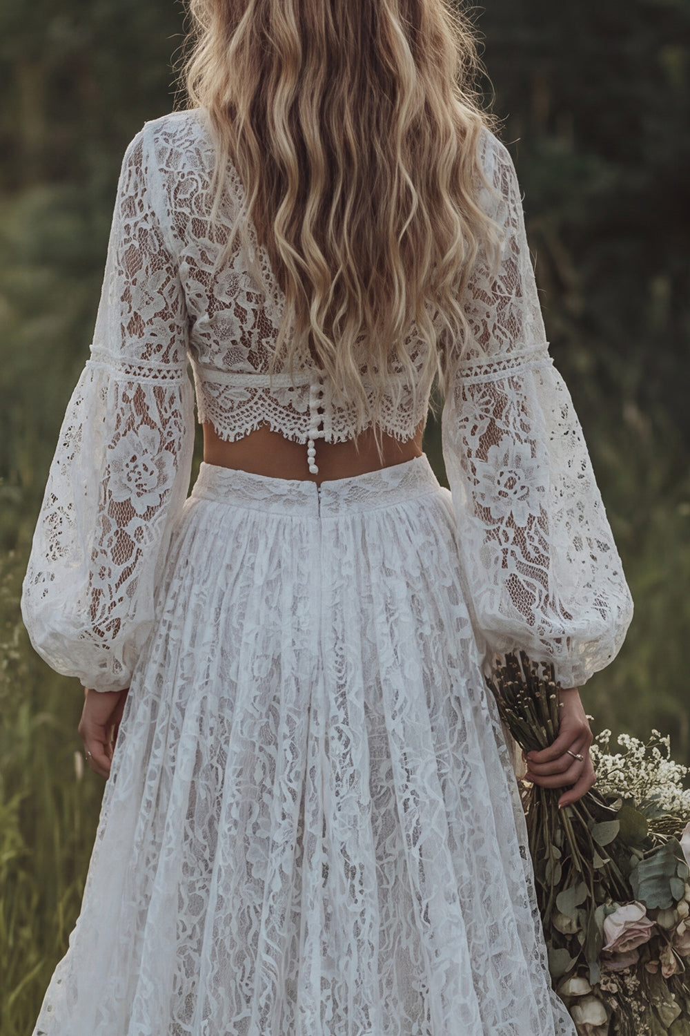 Ruffled Ivory 2 Piece Floral Lace A Line Sweep Train Boho Wedding Dress with Slit
