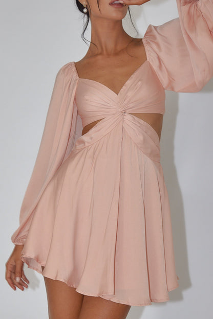 Miraya Balloon Sleeve Twist Mini Dress Peach