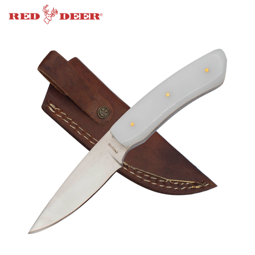 7 in Red Deer Hunting Knife with White Acrylic Handle - AnyTime Blades