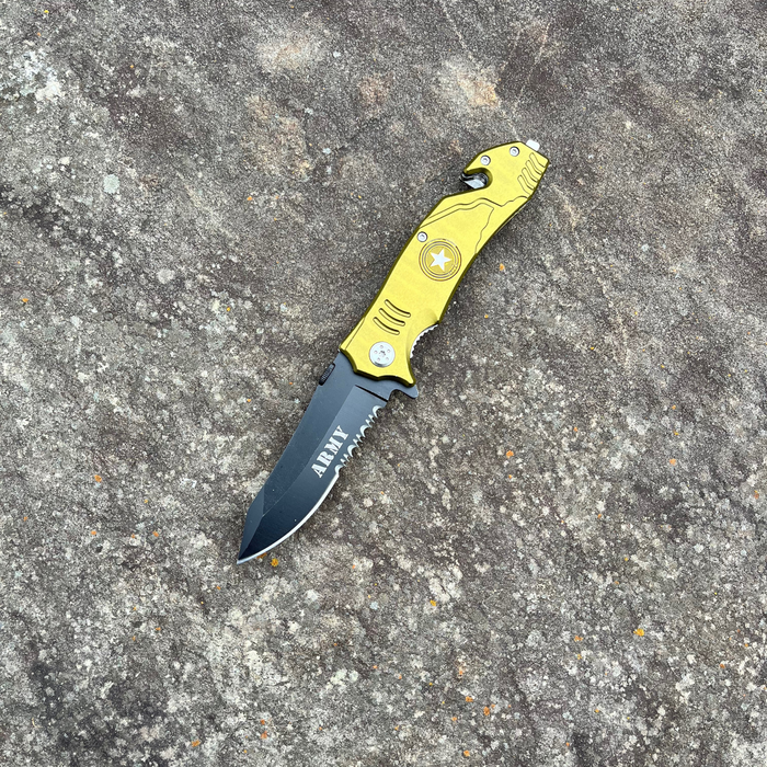 8" Army Assist Tactical Rescue Pocket Knife Army Green Handle Half Serrated Tanto Blade - AnyTime Blades