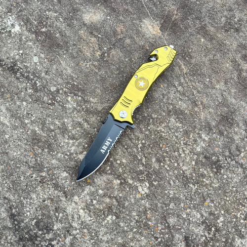 8" Army Assist Tactical Rescue Pocket Knife Army Green Handle Half Serrated Tanto Blade - AnyTime Blades