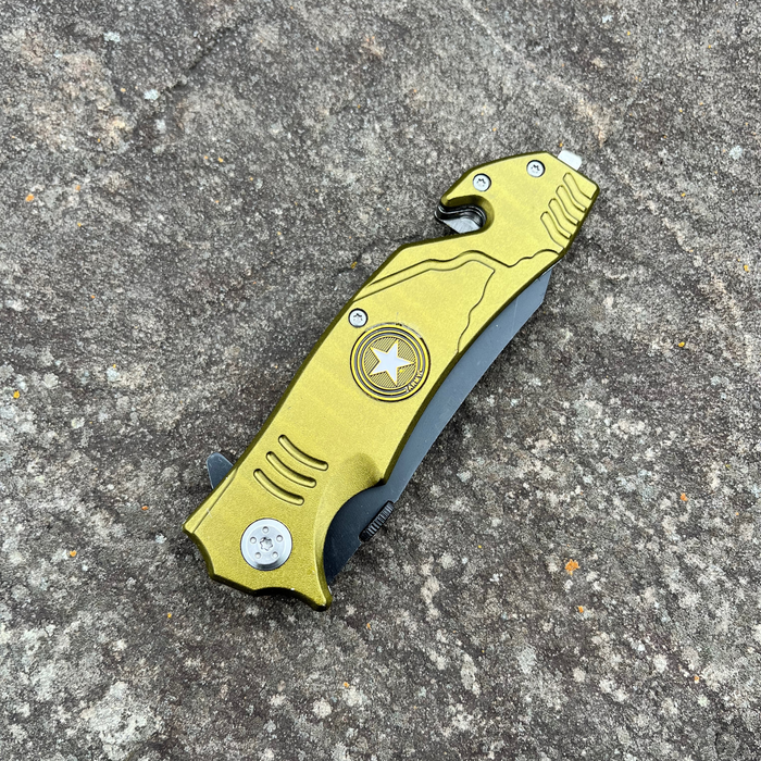 8" Army Assist Tactical Rescue Pocket Knife Army Green Handle Half Serrated Tanto Blade - AnyTime Blades