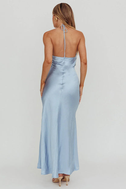Aysah Chiffon Hem Halter Maxi Dress Light Blue