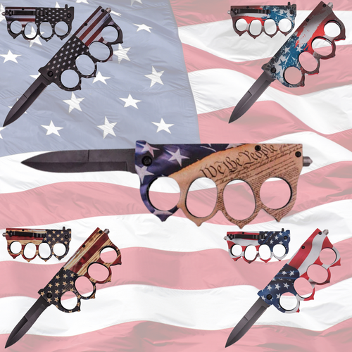 9" Knuckle Pocket Knife Folding Spring Assisted Open  - Flag