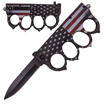 9" Knuckle Pocket Knife Folding Spring Assisted Open  - Flag