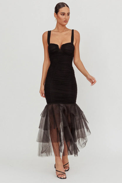 Nadia Tulle Hem Ruched Maxi Dress Black