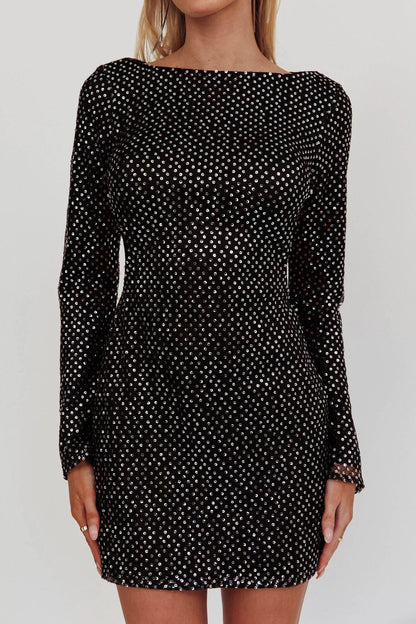 Lakshmi Long Sleeve Open Back Mini Dress Spangle Black