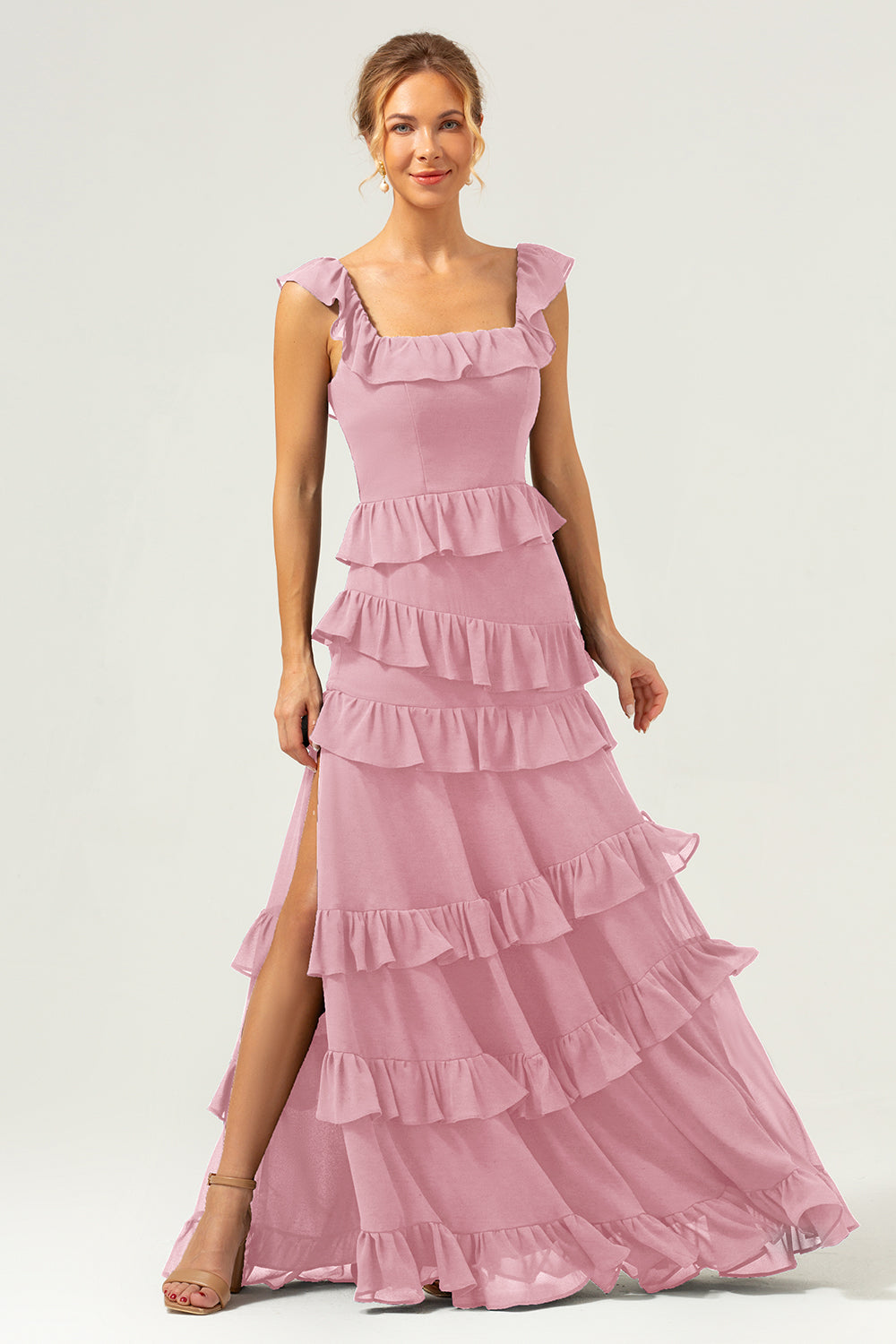 Dark Navy A-Line Ruffleed Chiffon Long Bridesmaid Dress with Slit