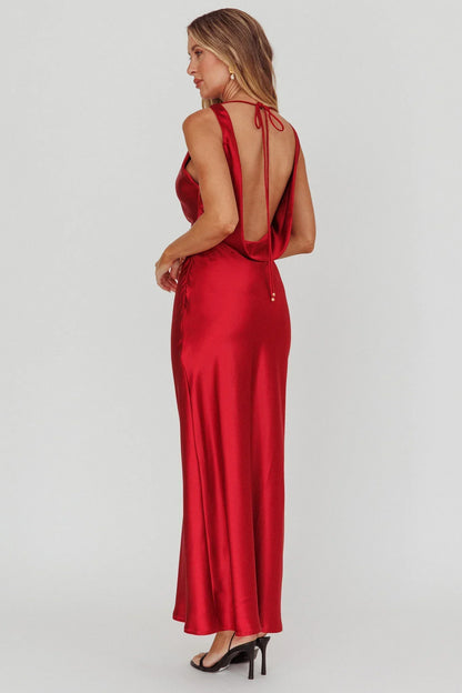 Isabella Satin Backless Maxi Dress Wine