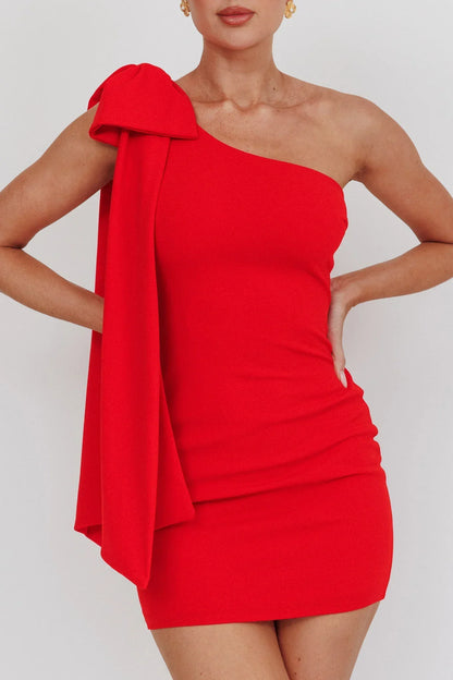Earned It One Shoulder Bow Mini Dress Red