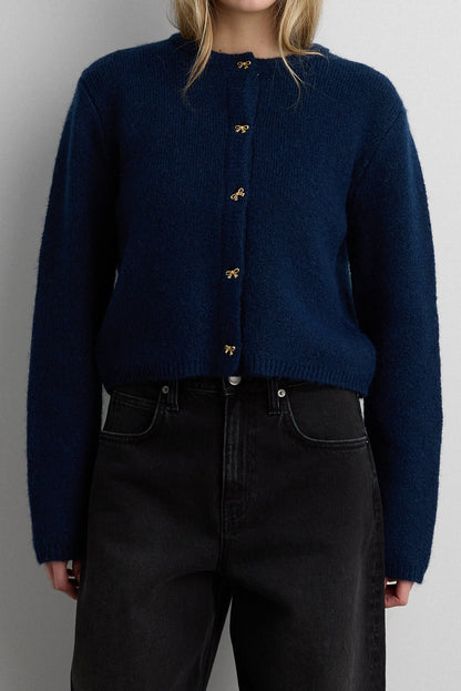 BOW BUTTON FRONT WOOL-BLEND CARDIGAN