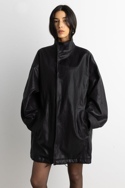 OVERSIZED FUNNEL NECK VEGAN LEATHER JACKET