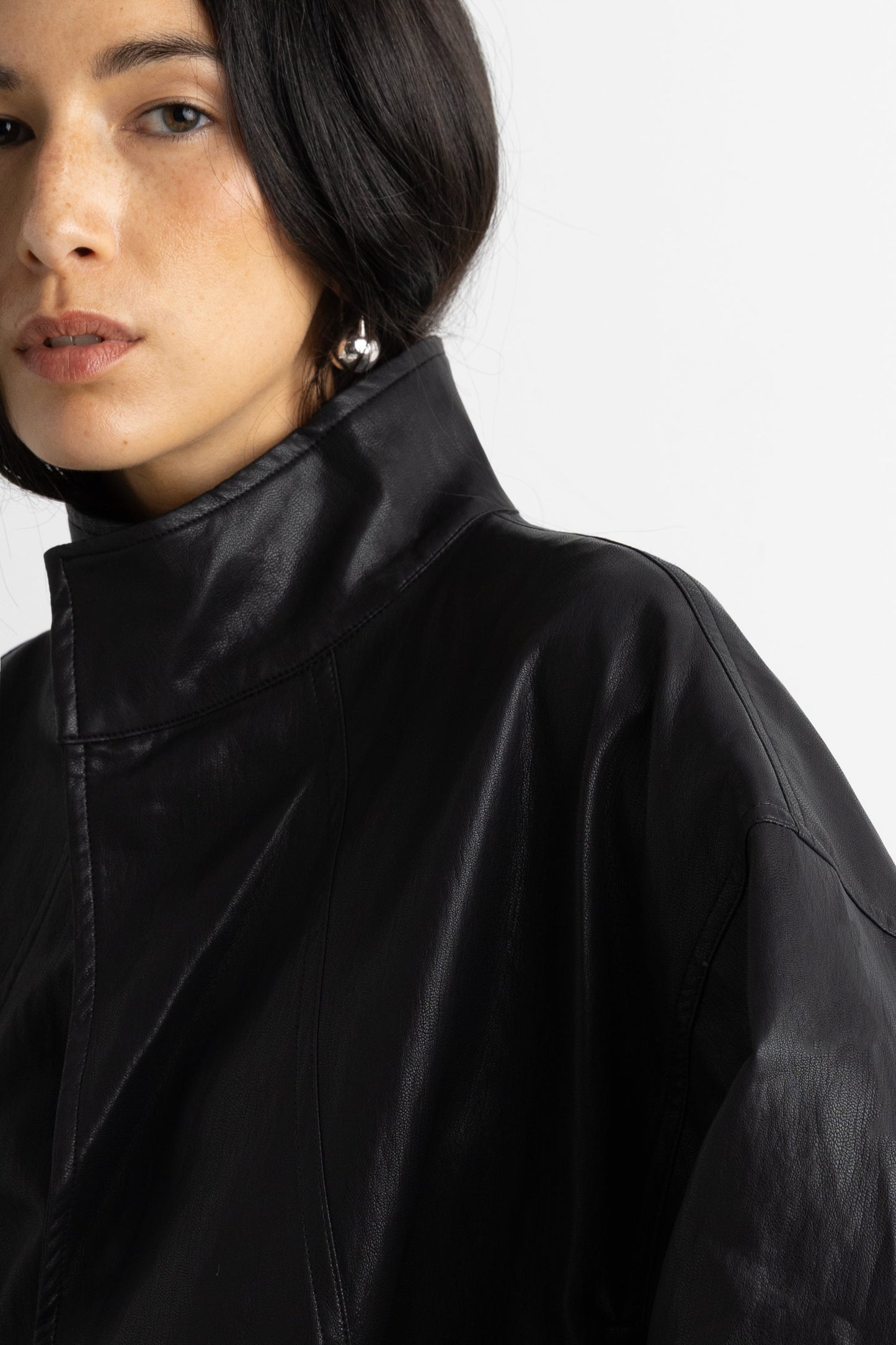 OVERSIZED FUNNEL NECK VEGAN LEATHER JACKET