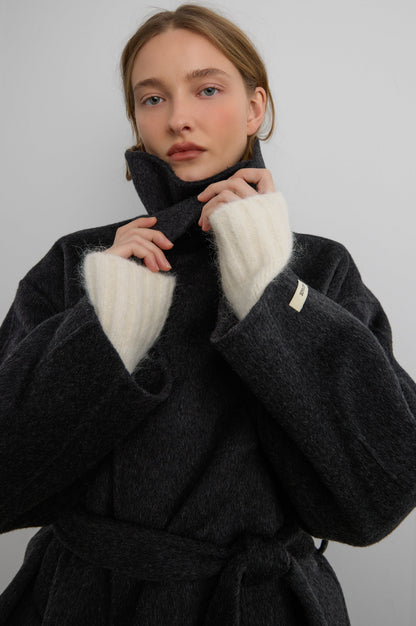 BRUSHED WOOL HAND MADE FUNNEL NECK COAT WITH BELT