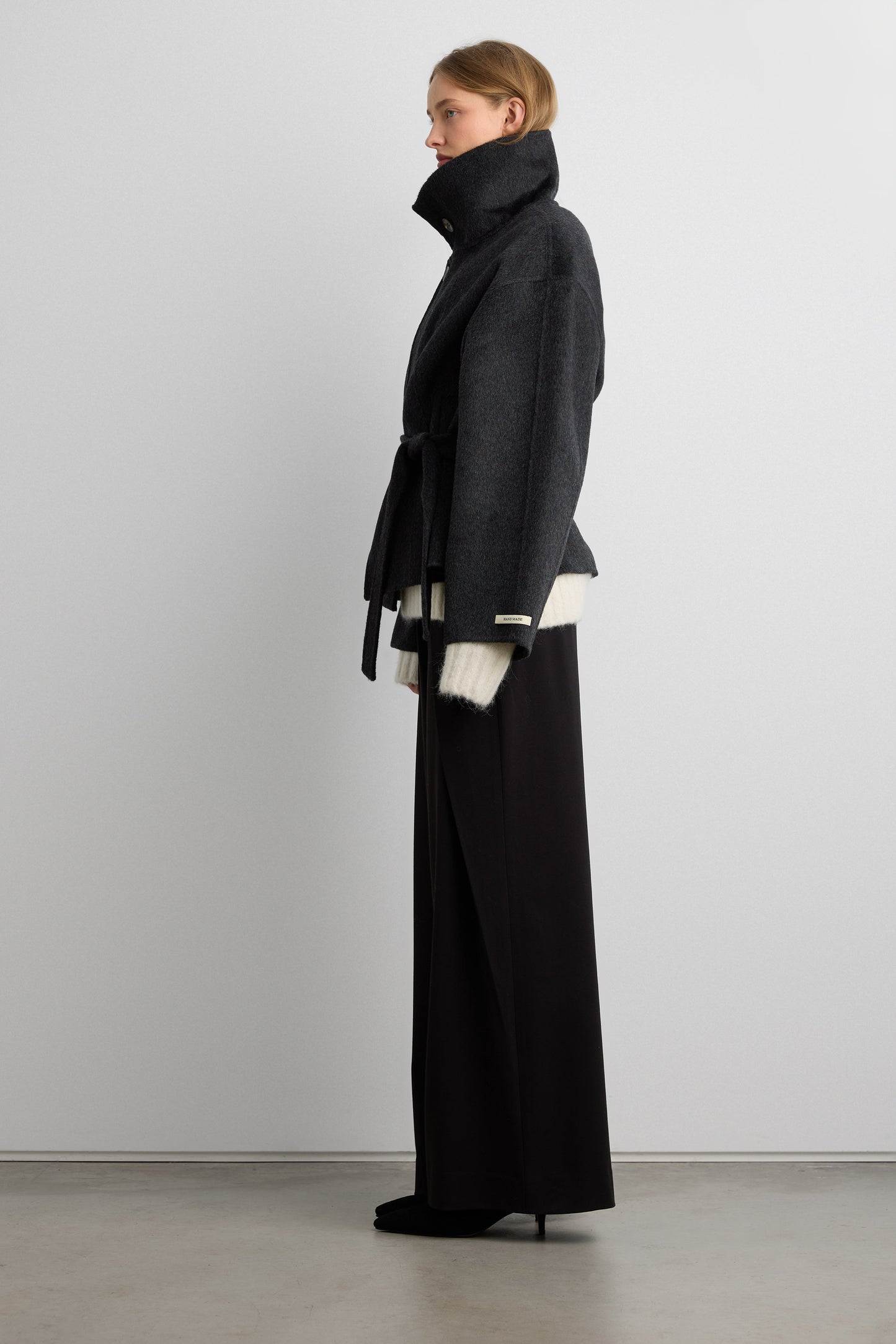 BRUSHED WOOL HAND MADE FUNNEL NECK COAT WITH BELT