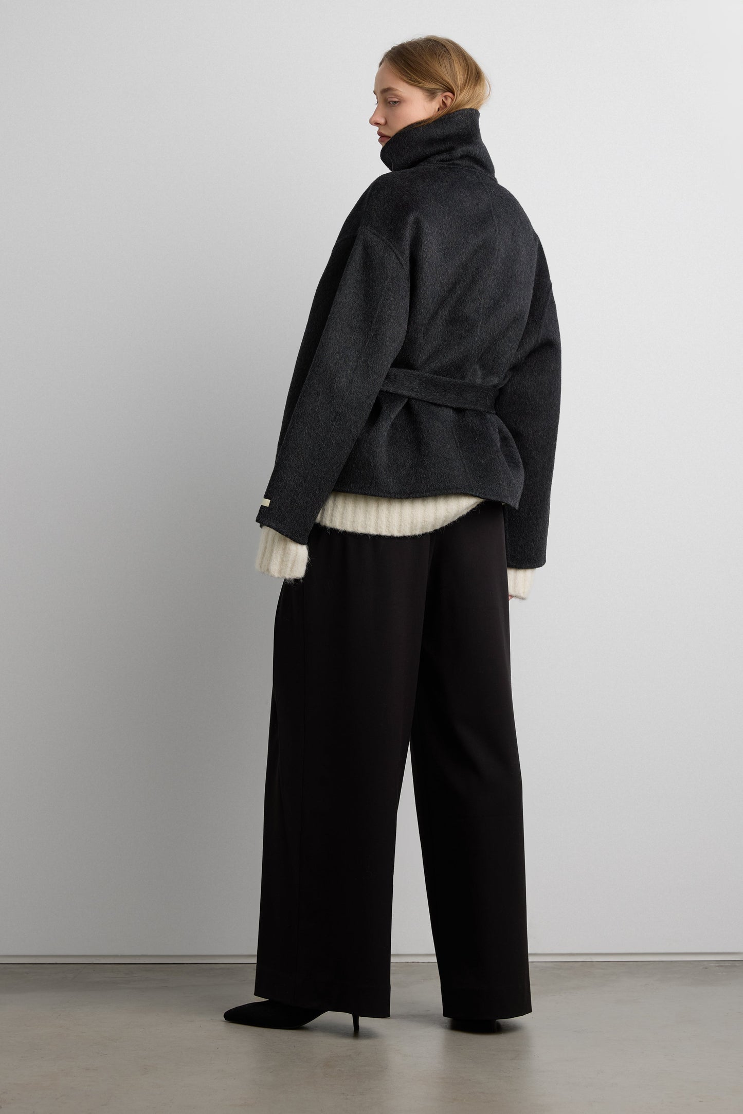 BRUSHED WOOL HAND MADE FUNNEL NECK COAT WITH BELT