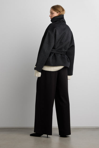 BRUSHED WOOL HAND MADE FUNNEL NECK COAT WITH BELT