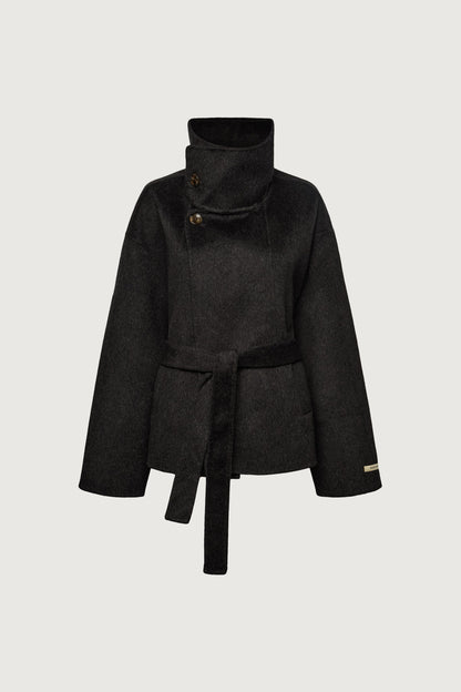 BRUSHED WOOL HAND MADE FUNNEL NECK COAT WITH BELT