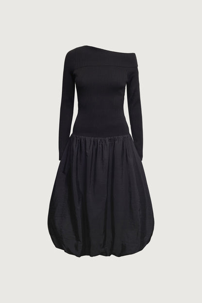 LONG SLEEVE OFF THE SHOULDER BUBBLE HEM MIDI DRESS