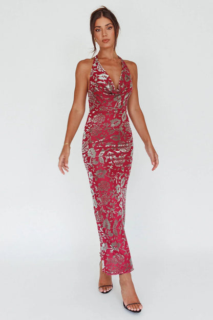 Byzantine Cowl Halterneck Midi Dress Floral Wine