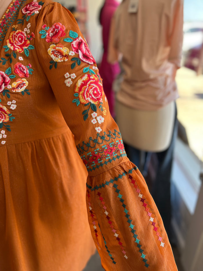 Embroidered Rust Shimmery Dress