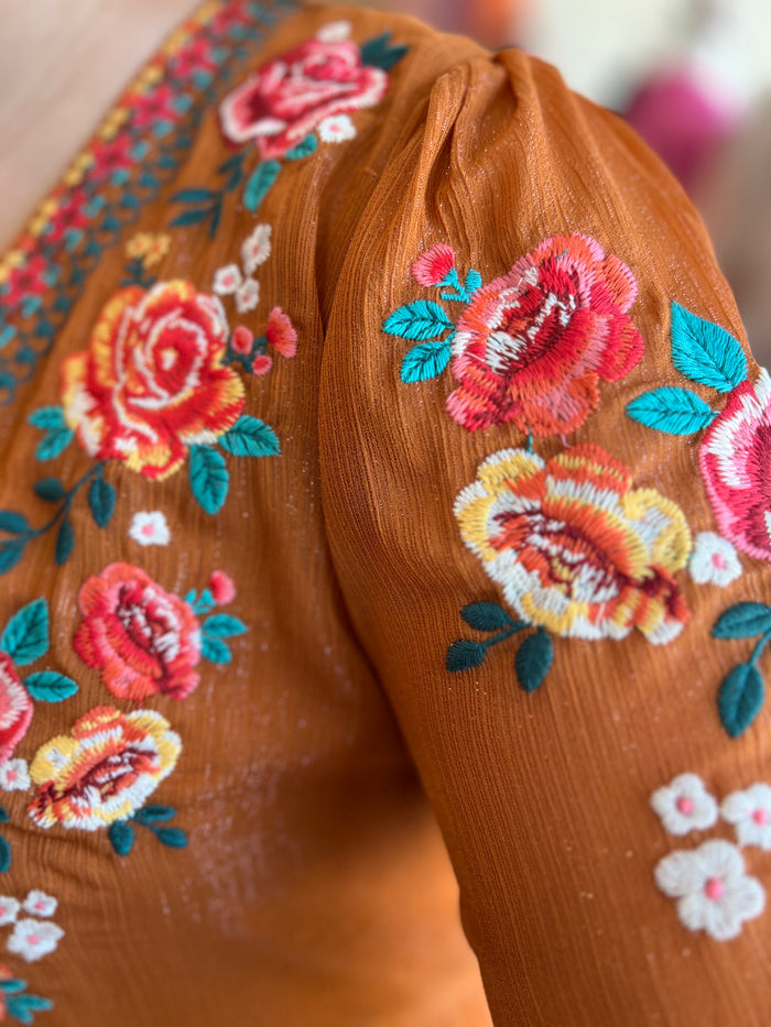 Embroidered Rust Shimmery Dress