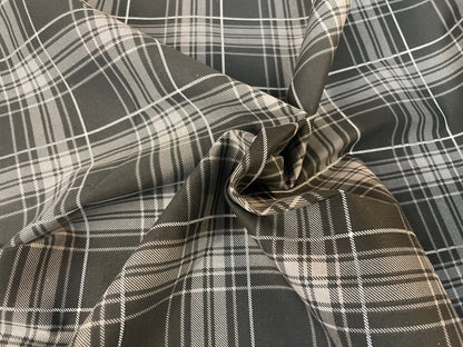 Stretch Cotton Plaid Print- Charcoal, Grey & White