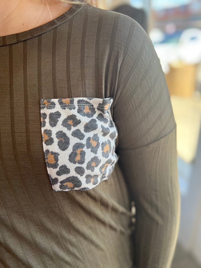Olive and Animal Print Ribbed Top