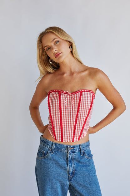 Kacey Lace Gingham Front Tie Corset