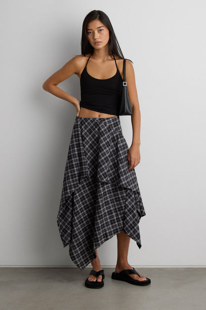 ASYMMETRICAL DRAPED PLAID MIDI SKIRT