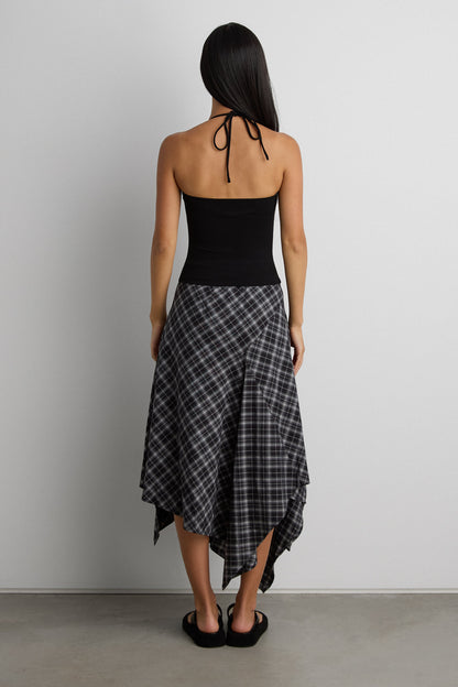 ASYMMETRICAL DRAPED PLAID MIDI SKIRT
