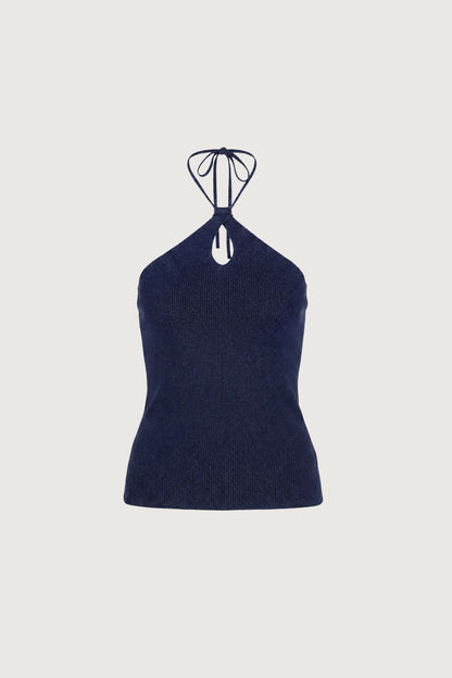 TWISTED LINEN BLEND HALTER NECK TOP