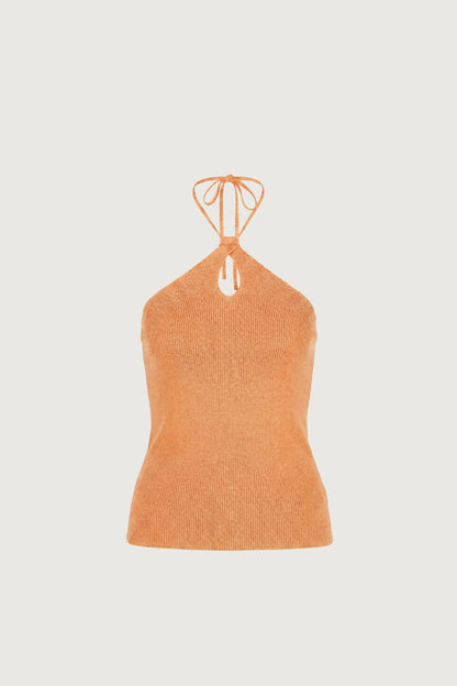 TWISTED LINEN BLEND HALTER NECK TOP