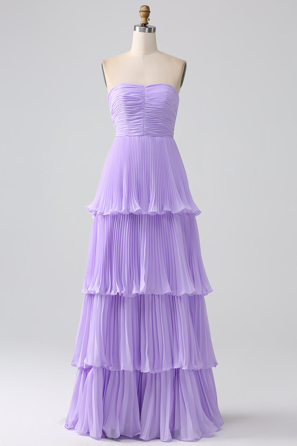 A-Line Sweetheart Tiered Chiffon Long Lilac Bridesmaid Dress with Pleated