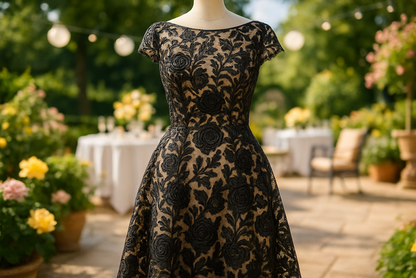 a lovely dress fancy with detail on outdoor day time party location with Black Corded Floral Lace