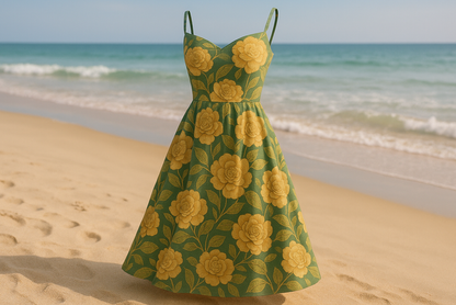 a lovely detailed summer dress on out door beach with Camellia Flower Print Linen Rayon: Green / Gold