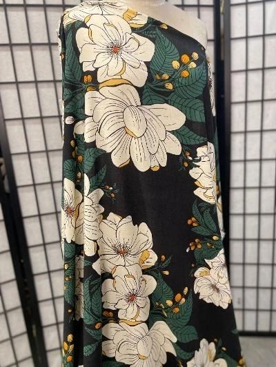 Camellia Flower Print Linen Rayon: Green / Gold