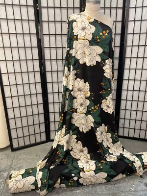 Camellia Flower Print Linen Rayon: Green / Gold