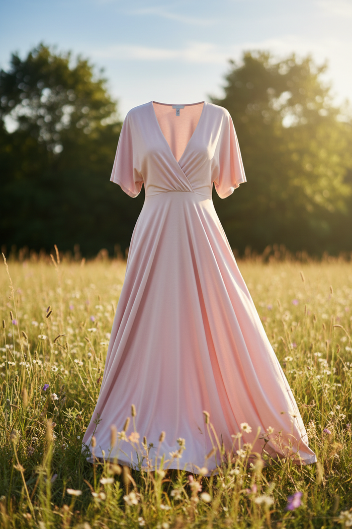 a lovely summer sex long dress with out door background with Cotton Jersey in Light Blush offers a delicate, understated pink hue that adds a touch of elegance to any creation. Crafted from soft, stretchy fabric,