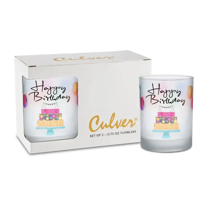 Culver Frosted Happy Birthday Double Old Fashion Glasses, (2)