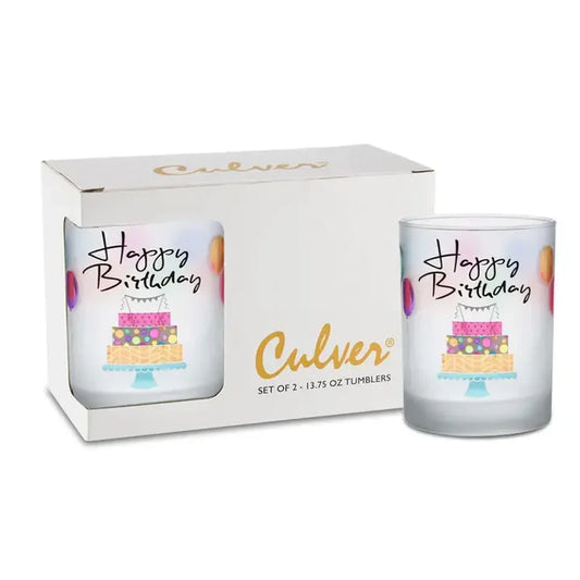 Culver Frosted Happy Birthday Double Old Fashion Glasses, (2)