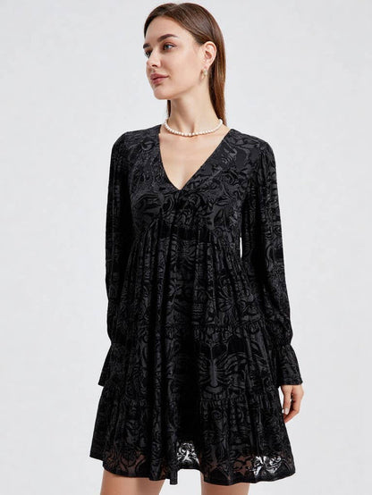 Deep V-neck Jacquard Velvet Mini Dress