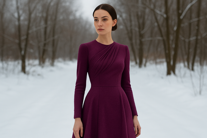 a  lovely dress with detail in winter outdoor for Designer Italian Fine Textured Wool Crepe - Purple Berry  pms #19-2434