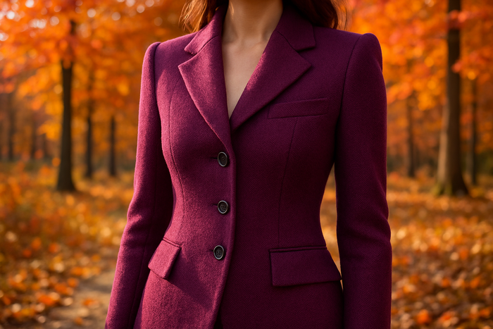 a lovely detailed jacket in autumn out door look for Designer Italian Fine Textured Wool Crepe - Purple Berry