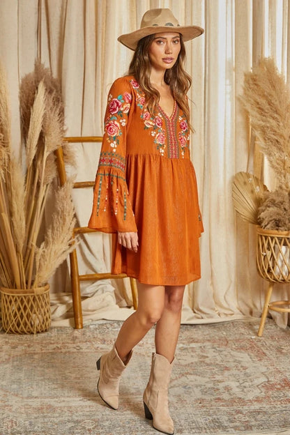 Embroidered Rust Shimmery Dress